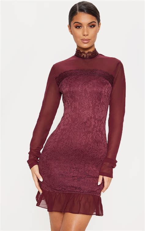 Burgundy High Neck Lace Long Sleeve Bodycon Dress Prettylittlething