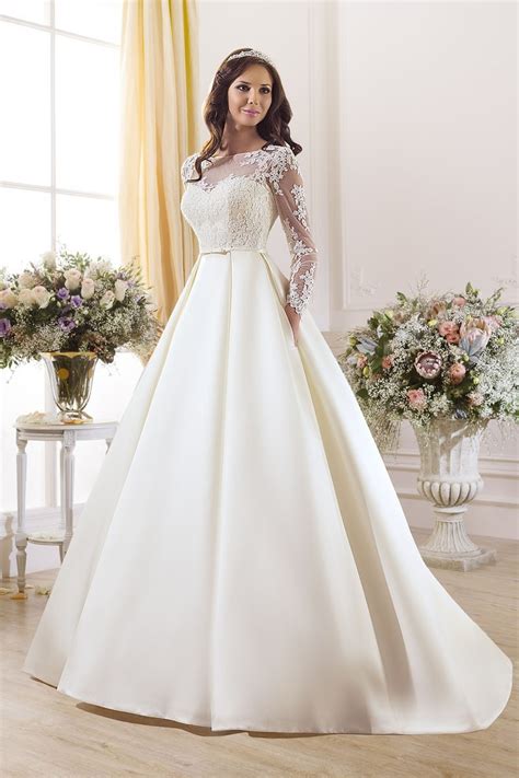 2016 Elegant Lace Satin Wedding Dresses Long Sleeves A Line Bridal