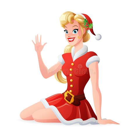 Vector Woman In Red Christmas Santa Outfit Greeting And Waving Stock Vector Illustration Of