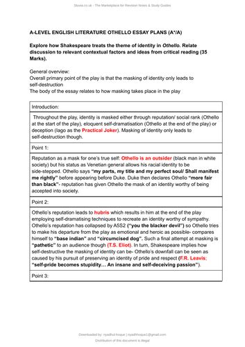A Level English Literature A Essay Plans Othello Teaching Resources