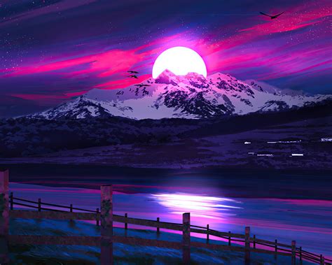 Download Lake Woonden Fence Mountains Landscape Sunset Neon Art