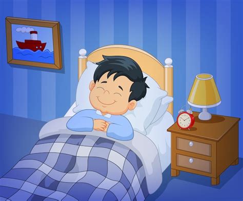 Sonrisa De Dibujos Animados Niño Durmiendo En La Cama Vector Premium