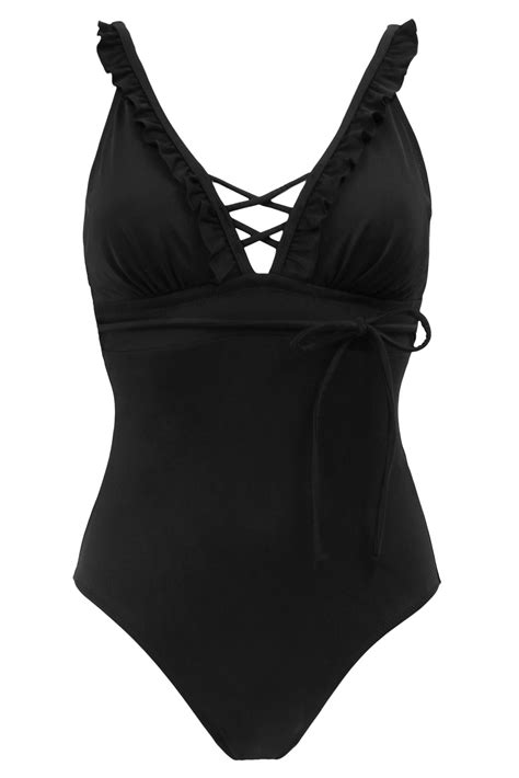 Frill Lace Up Control Swimsuit Black Pour Moi