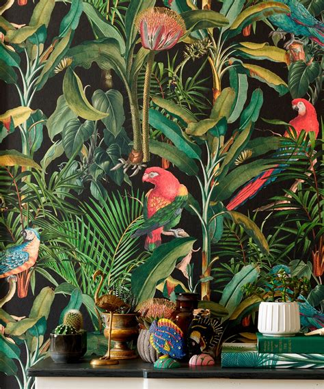 Tropical Wallpaper Rainforest Jungle Parrots Feature Wall Etsy