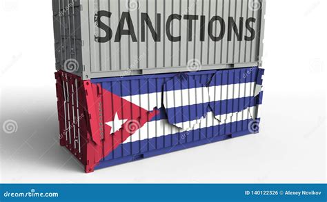 Container With Sanctions Text Breaks Cargo Container With Flag Of Cuba