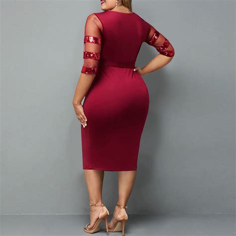 Wholesale Women Elegant Mesh Sequins Patchwork Plus Size Solid Color Bandage V Neck Bodycon Dress