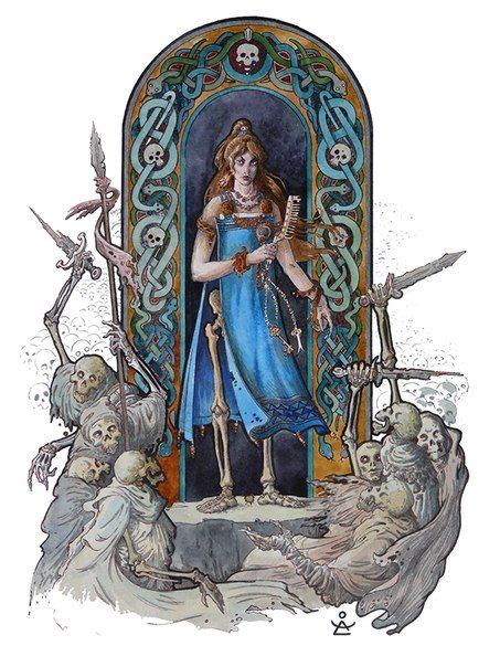 A Drawing Of A Woman In Blue Dress Surrounded By Skeletons And Skulls