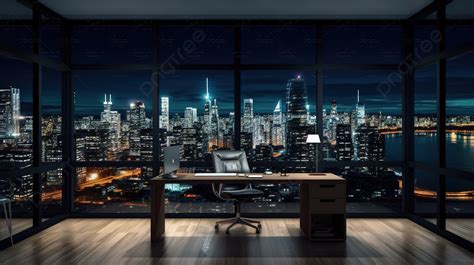 Office Workstation At Night Background 3d Office With Night City