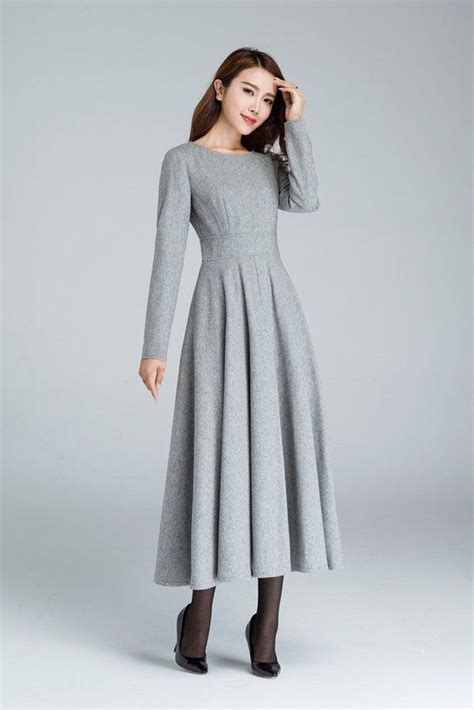 Long Sleeve Wool Dress Gray Dress Wool Dress Woman Dress Fit And Flare Dress Swing Dress