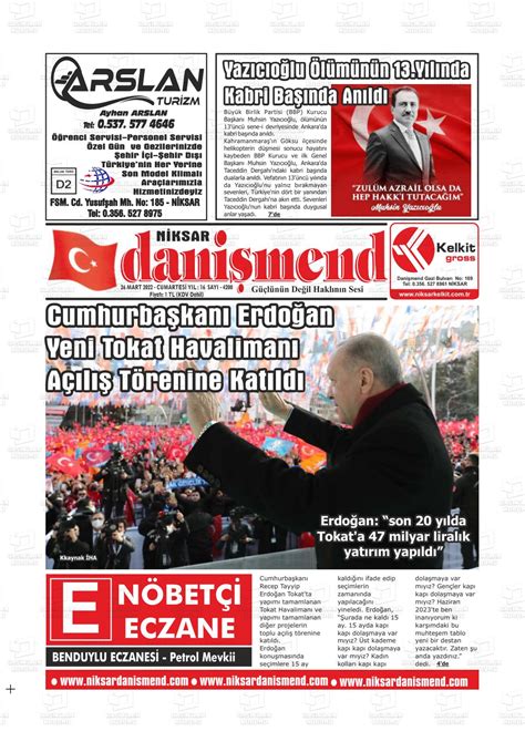 26 Mart 2022 tarihli Niksar Danişmend Gazete Manşetleri