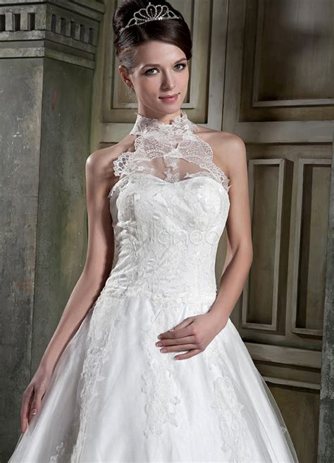 Elegant Halter Ivory Lace Satin Applique A Line Wedding Dress