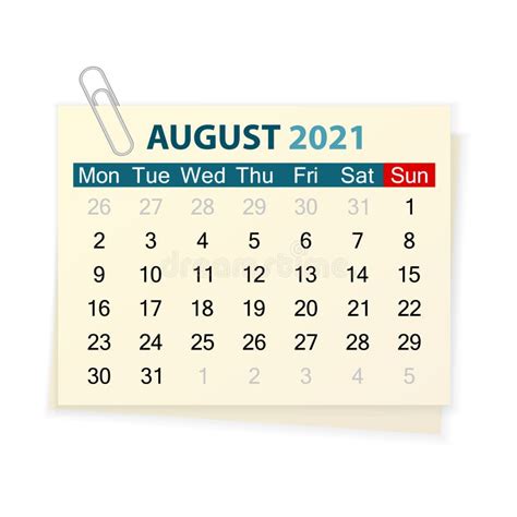 August 2021 Calendar Planner Design Template Stock Vector