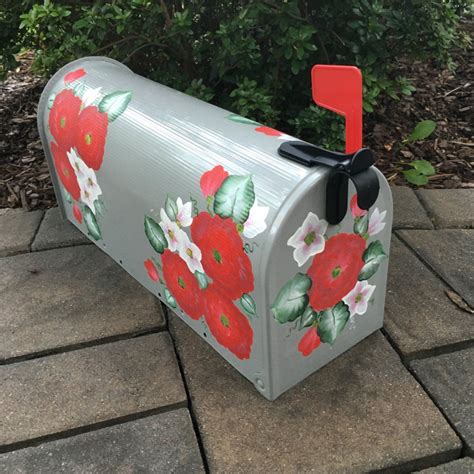 Gray Post Mailbox With Red And White Flowers Hand Painted Floral