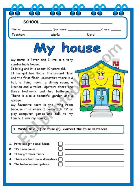 My House Test Esl Worksheet By Carla74