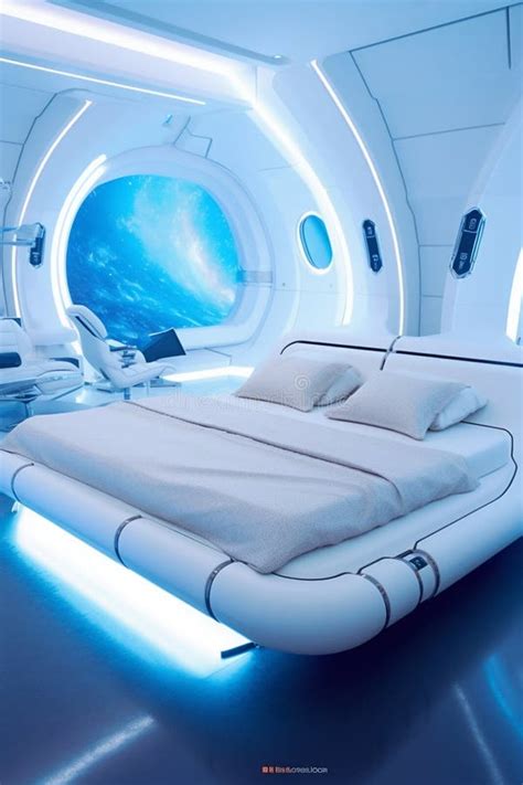 Futuristic Bedroom Decor With Large White Bed In Futuristic Room