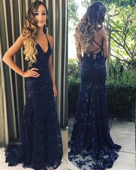 Navy Blue Lace Prom Dresses Long Mermaid Evening Dresses Halter