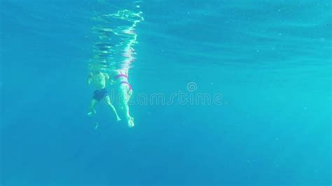A Man And A Woman Swim Underwater And Take Pictures Of Corals And Fish