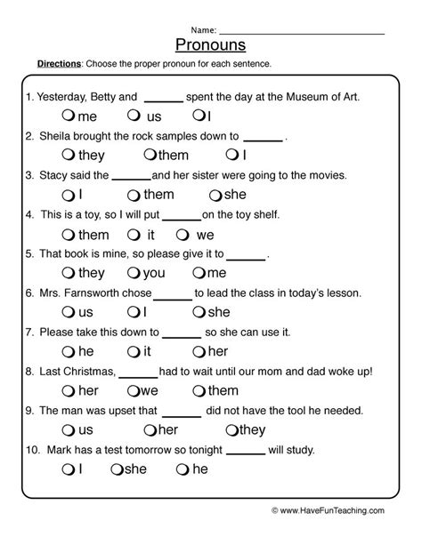 Pronouns Worksheets For Grade 1