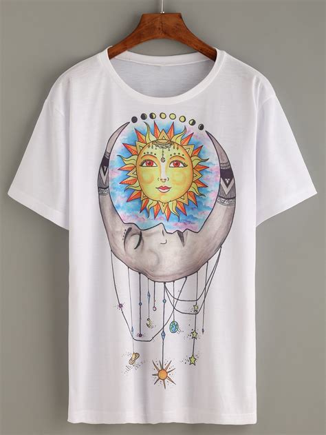 White Sun Moon Tribal Print Long T Shirt Sheinsheinside
