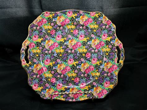 chintz-royal-winton-plate-grimwades-,-collectible-pink-and-black-porcelain-handle-plate-royal