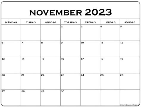 November 2023 Kalender Svenska Kalender November