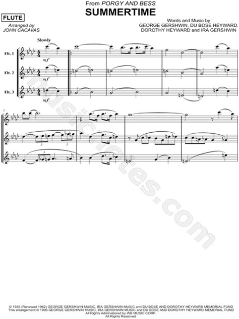 George Gershwin Summertime Flute Trio Sheet Music In F Minor