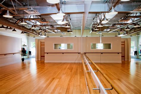 Fitness Studio Ballet Bars Bamboo Floors Pendant Lights Barre