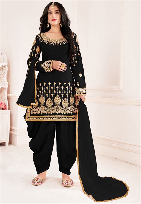Buy Embroidered Art Silk Punjabi Suit In Black Online Kch7890 Utsav Fashion