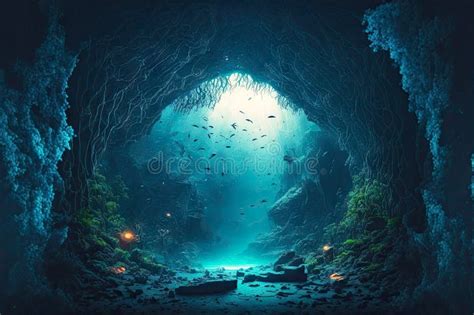 Mysterious Dark Underwater Cave With Reefs Journey To Bottom Of Sea