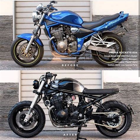 The original exhaust system will have rotted through by now, and the rear shock would have lost what little damping there was in the first place. Before vs After Suzuki gsf 600 bandit : @francesco_paura ...