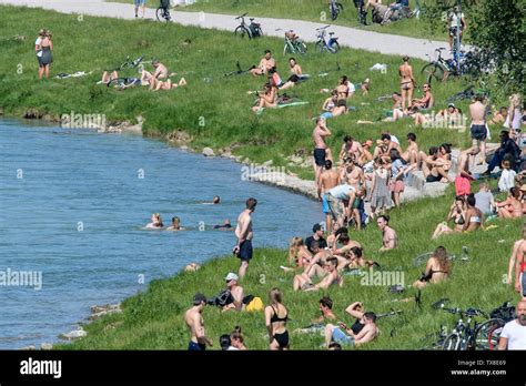 Munich Germany Th June Numerous People Sunbathe On The Isar In Summer Temperatures