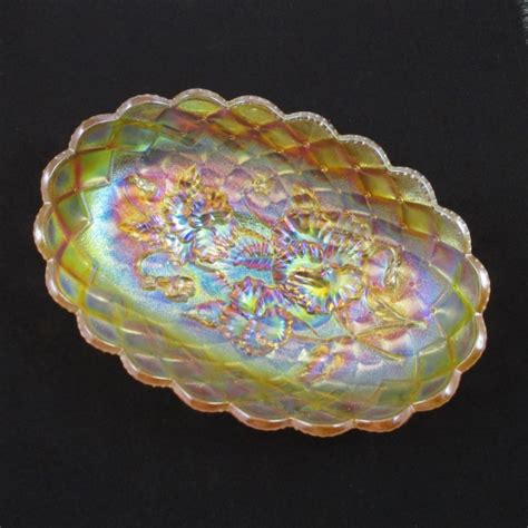 Antique Imperial Clambroth Pansy Carnival Glass Relish Oval Bowl Carnival Glass