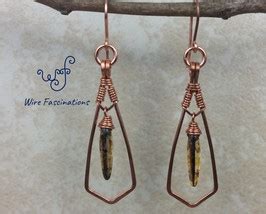 Handmade Copper Earrings Framed Wire Wrapped Dangling Amber Glass