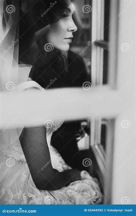 Relaxed Brunette Bride Posing Near White Window Stock Photo Image Of