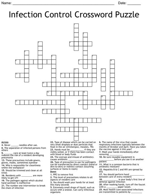 Infection Control Crossword Puzzle Wordmint