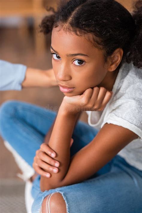 Cute African American Girl Sitting Near Stock Photo Image Of Preteen