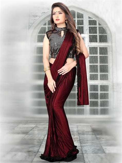 maroon lycra pre stitched fancy saree in 2020 fancy sarees fancy blouse designs saree look
