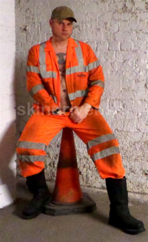 Coverall Jumpsuit Coveralls Hi Vis Workwear Brown Leather Gloves Men In Tight Pants Rugged