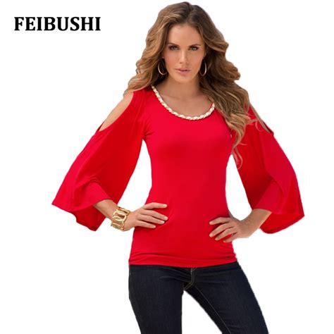 Feibushi Autumn Red Tops Women Casual Shirt Sexy Off Shoulder Tops O
