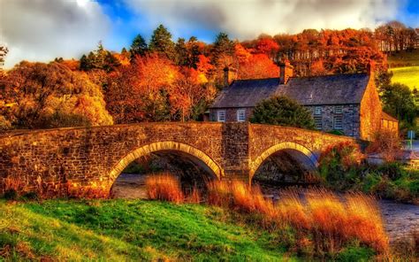 Autumn River Bridge House Trees Hdr Scenery Wallpaper Travel And