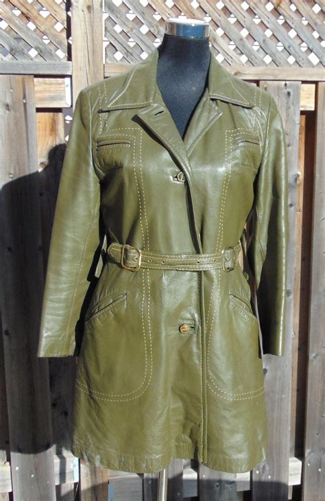 Vintage Womens Olive Green Belted Leather Coat 1960s Leather Coat
