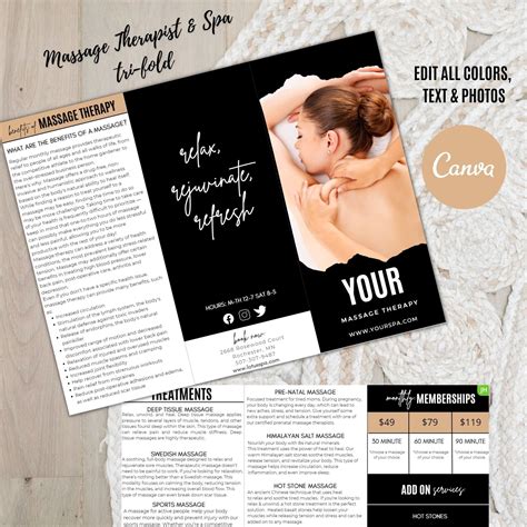 Massage Therapist Brochure Massage Trifold Printable Spa Pamphlet Editable Massage Therapy