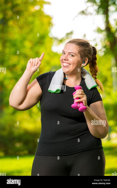 Portrait Happy Woman Years Old Plus Size Without Complexes Deals With Dumbbells During