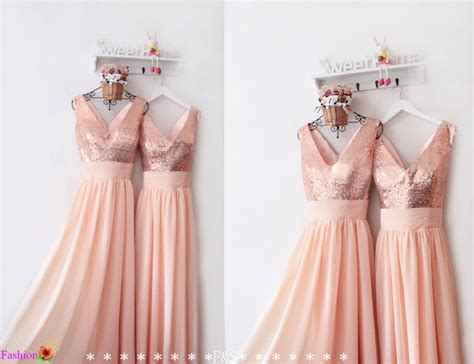 Peach Bridesmaid Dresspeach Prom Dressv Neck Rose Gold Etsy