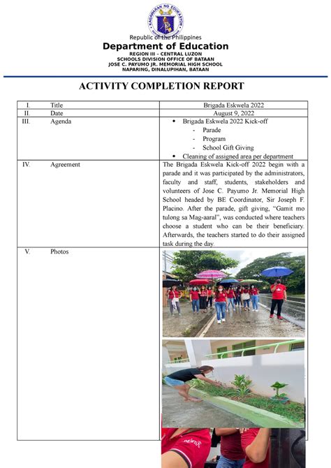 Activity Completion Report Brigada Eskwela Department Of Education
