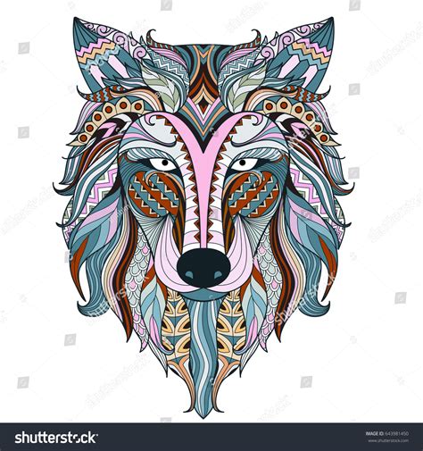 Bright Colorful Zendoodle Wolf Head Design Stock Vector Royalty Free