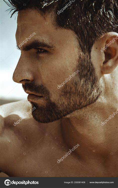 Strong Face Male Model Nature Background Sand Water Beach Sunset Stock