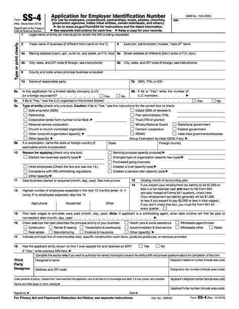 Irs Form Ss 4 Application For Employer Identification Number Ein