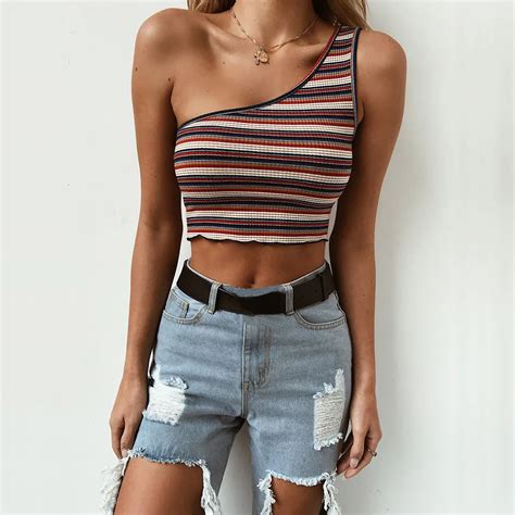 Asymmetry One Shoulder Women Tops Tank Crop Tops Sexy Stripe Summer Casual Camis Cut Out Slim