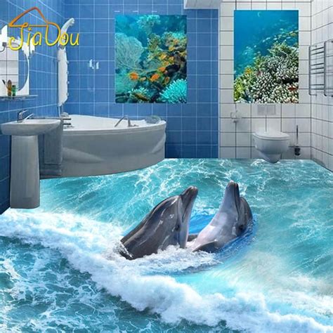 Custom Photo Floor Wallpaper 3d Stereoscopic Dolphin Ocean Bathroom